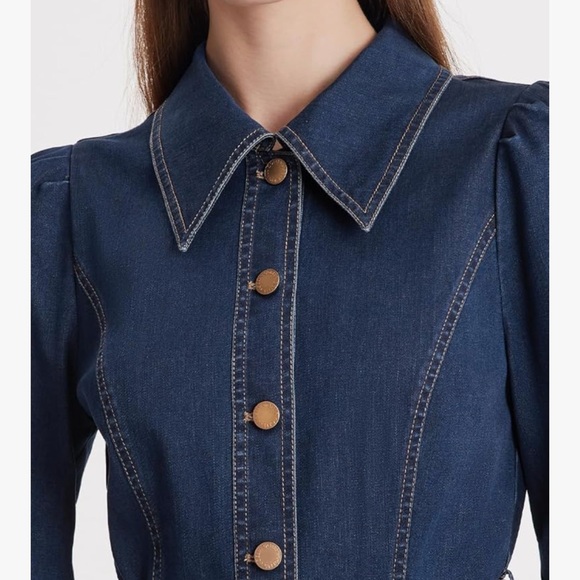 Women's Denim Dress Button Down Lapel Collar Casual Midi Dress with Belt - Picture 9 of 16